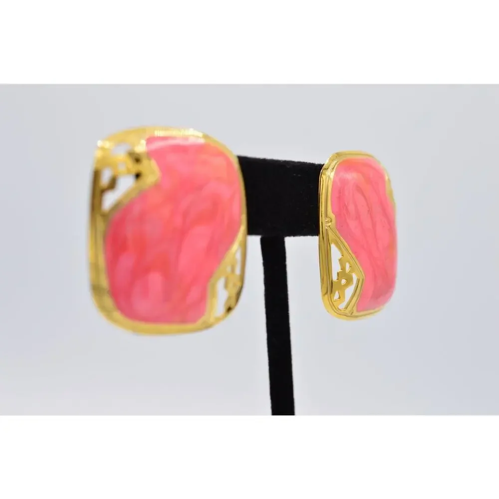 Vintage Chunky Pierced Earrings Gold Metal Pink Enamel Square 1980s BinAA